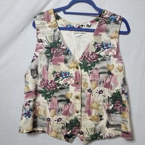 Vtg 90s STAMPEDE Women's Floral Denim Vest Button Front USA- Large Cottagecore